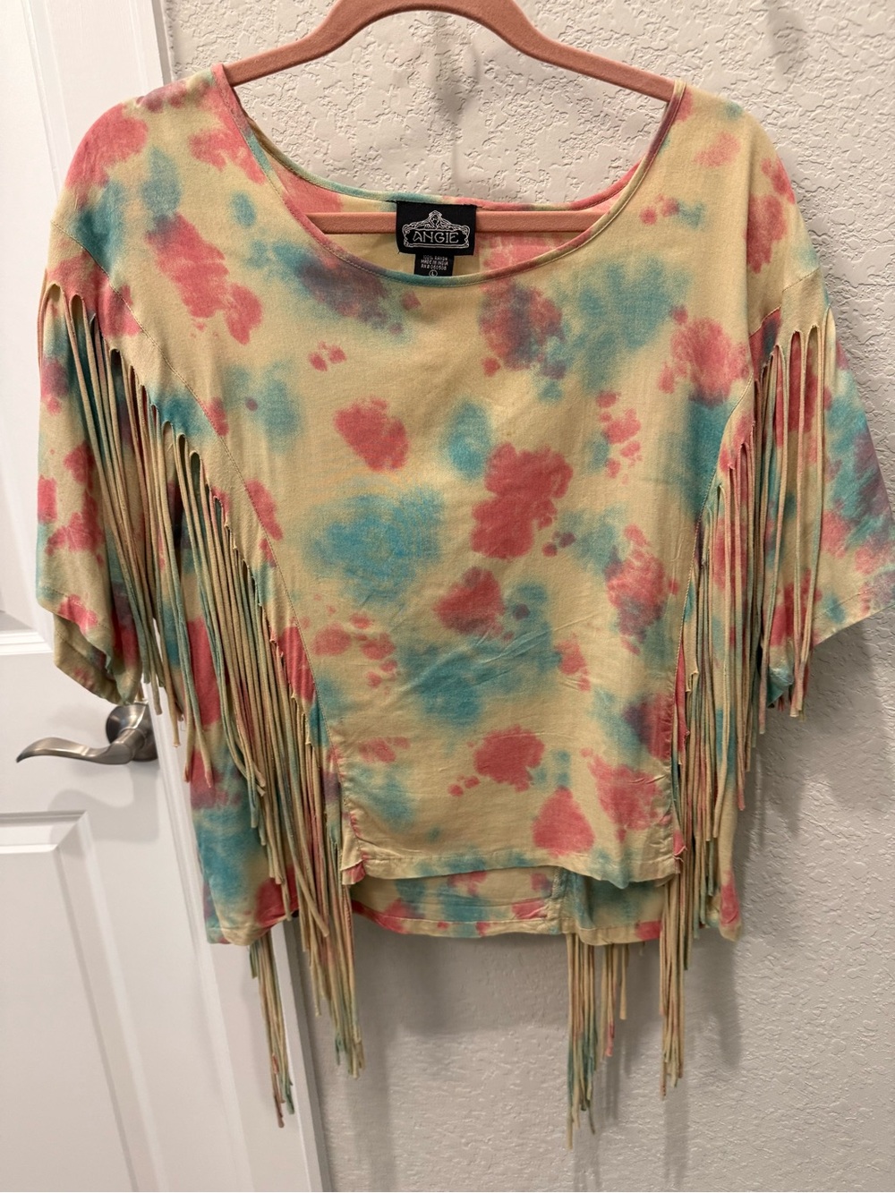 Angie Pastel Tie-Dye Fringe Top in Yellow, Coral & Aqua